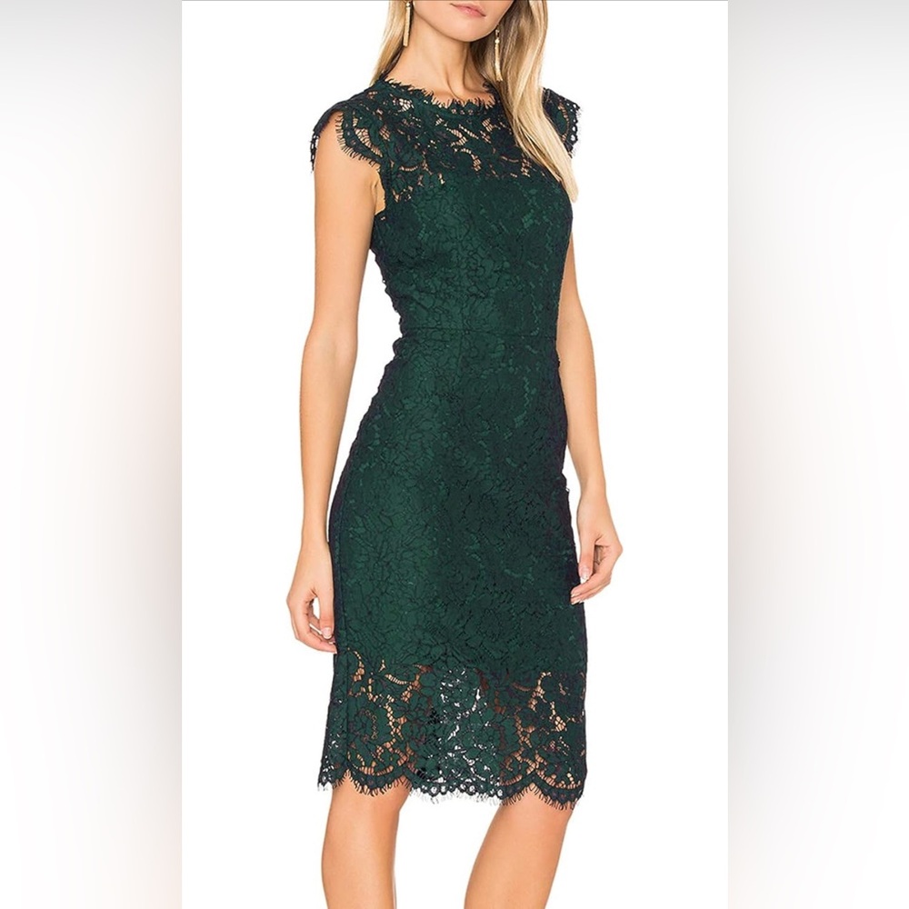 Elegant Lace Cocktail Midi Dress Bodycon Sexy Forest Green Size Medium